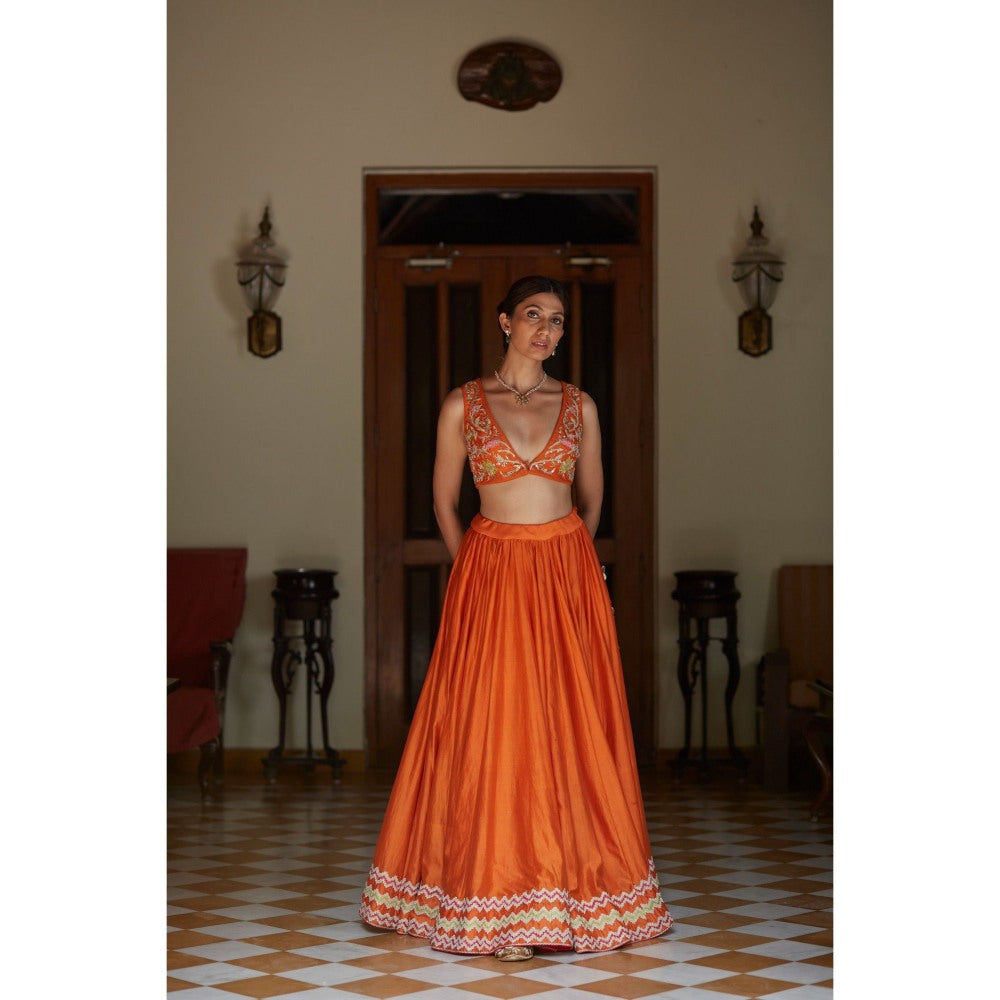 Vashisht Guru Dutt Orange Embroidered Blouse with Chanderi Lehenga and Dupatta (Set of 3)