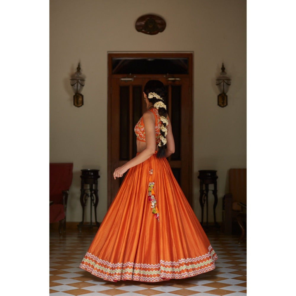 Vashisht Guru Dutt Orange Embroidered Blouse with Chanderi Lehenga and Dupatta (Set of 3)