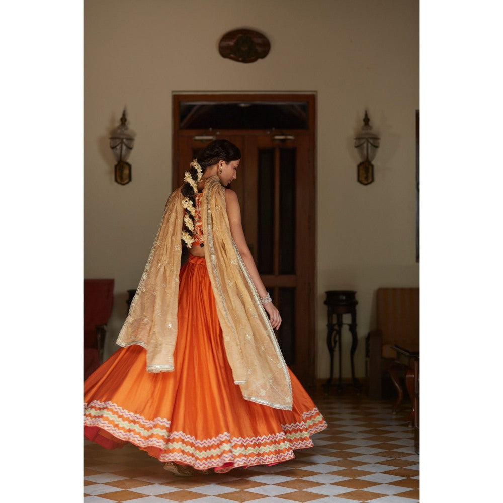Vashisht Guru Dutt Orange Embroidered Blouse with Chanderi Lehenga and Dupatta (Set of 3)