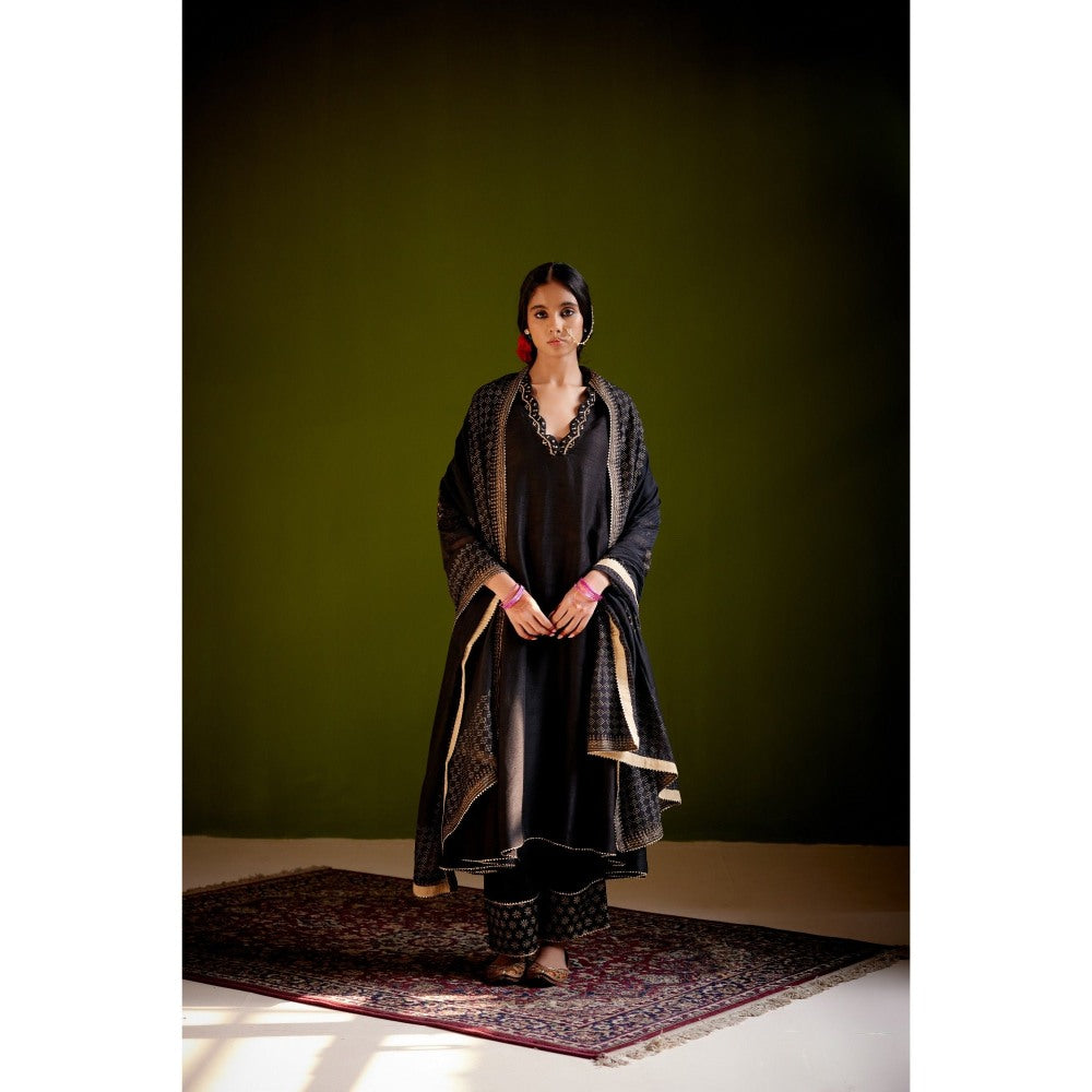 Vashisht Guru Dutt Black Block Printed Anarkali with Dupatta and Pant (Set of 3)