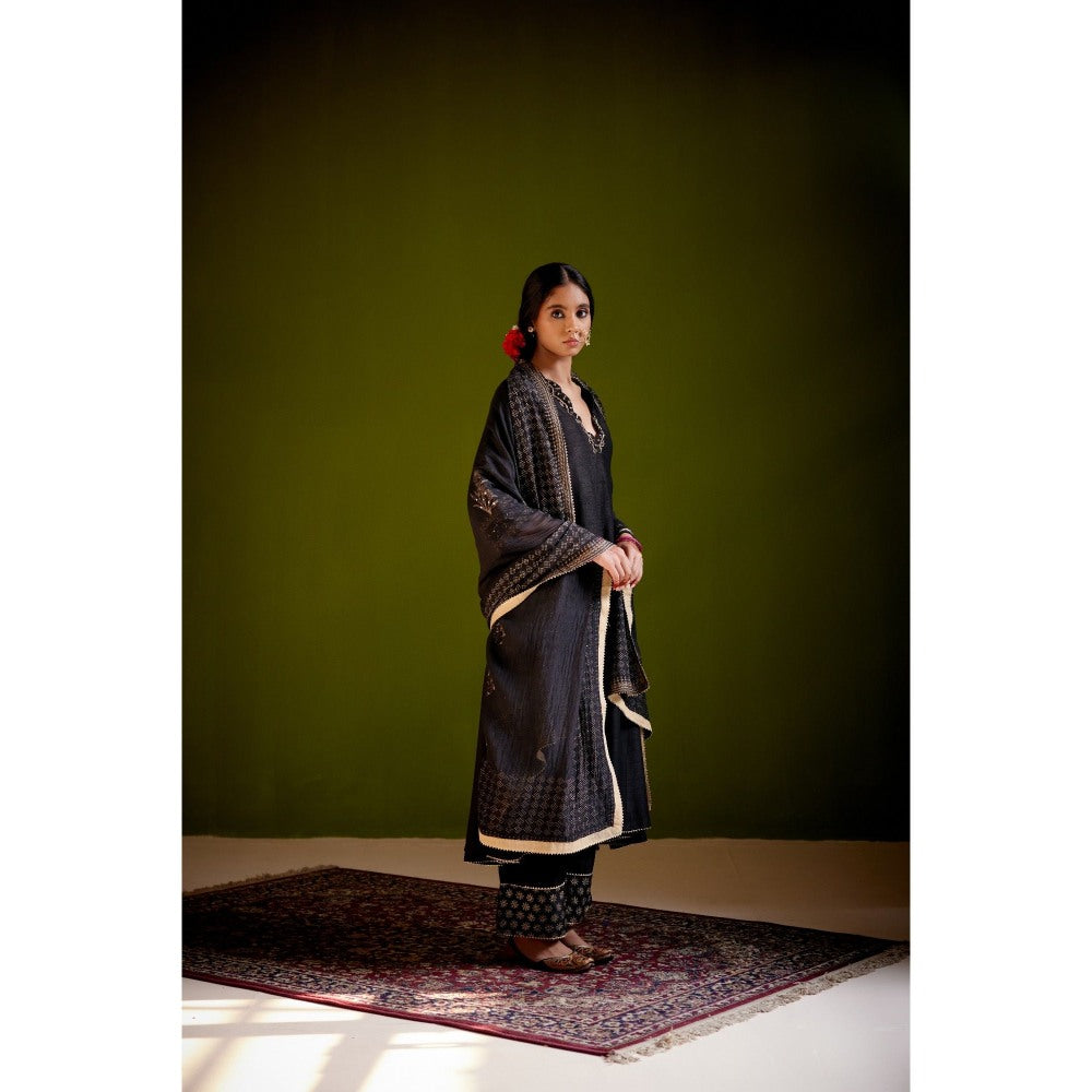 Vashisht Guru Dutt Black Block Printed Anarkali with Dupatta and Pant (Set of 3)