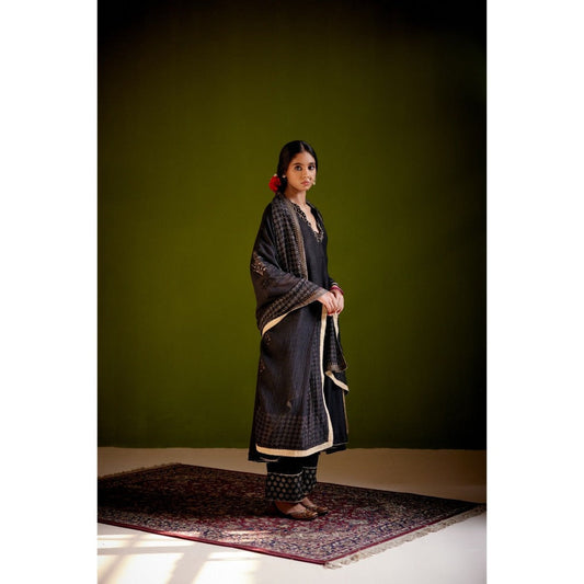 Vashisht Guru Dutt Black Block Printed Anarkali with Dupatta and Pant (Set of 3)