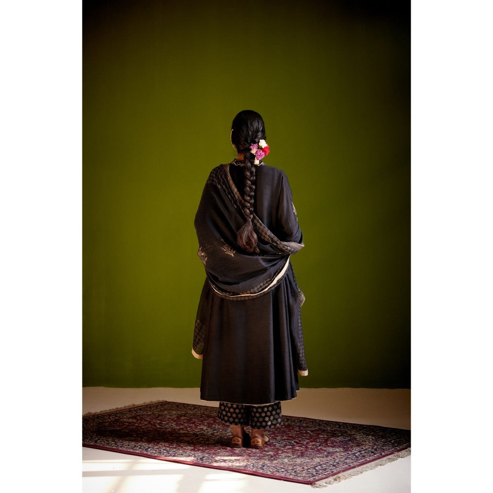 Vashisht Guru Dutt Black Block Printed Anarkali with Dupatta and Pant (Set of 3)