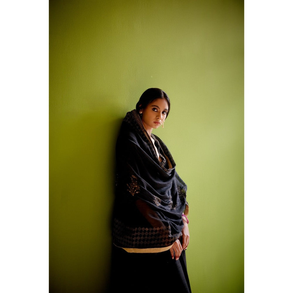 Vashisht Guru Dutt Black Block Printed Anarkali with Dupatta and Pant (Set of 3)