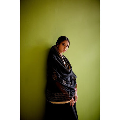 Vashisht Guru Dutt Black Block Printed Anarkali with Dupatta and Pant (Set of 3)