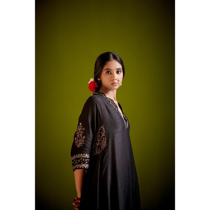 Vashisht Guru Dutt Black Block Printed Anarkali with Dupatta and Pant (Set of 3)