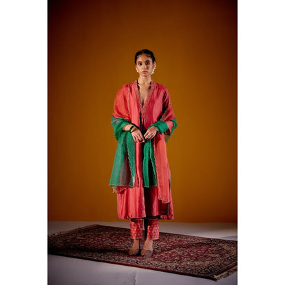 Vashisht Guru Dutt Rust Woven Chanderi Panelled Kurta with Dupatta and Pant (Set of 3)