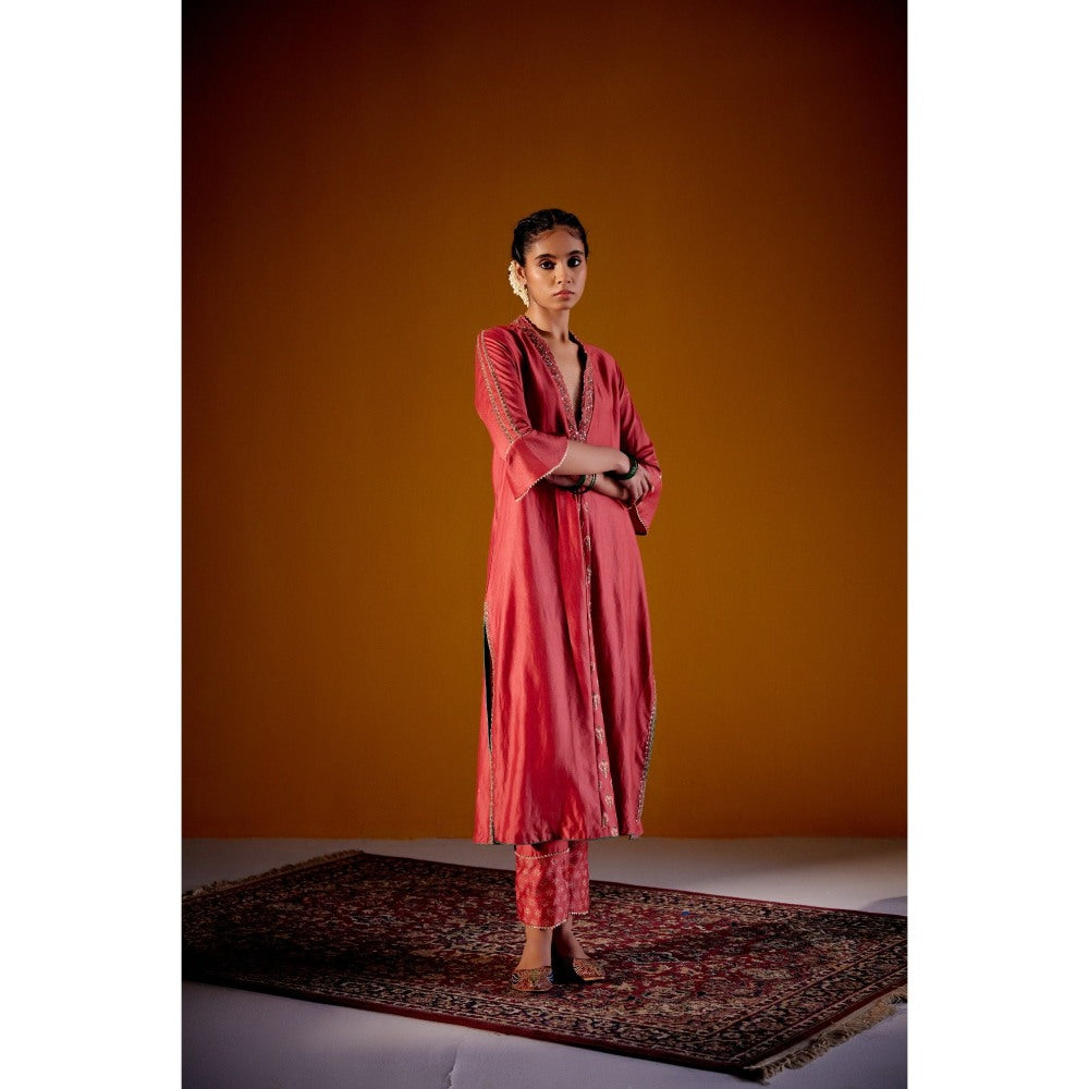 Vashisht Guru Dutt Rust Woven Chanderi Panelled Kurta with Dupatta and Pant (Set of 3)