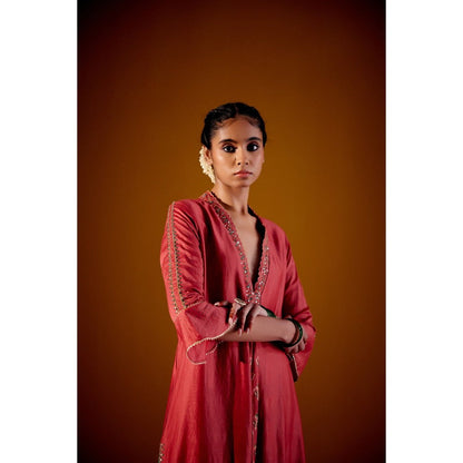 Vashisht Guru Dutt Rust Woven Chanderi Panelled Kurta with Dupatta and Pant (Set of 3)