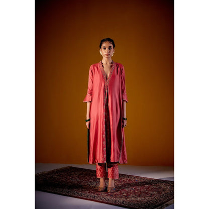 Vashisht Guru Dutt Rust Woven Chanderi Panelled Kurta with Dupatta and Pant (Set of 3)