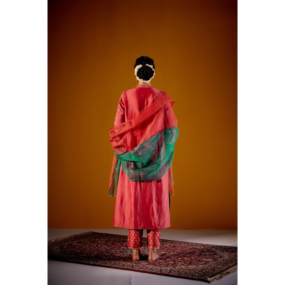 Vashisht Guru Dutt Rust Woven Chanderi Panelled Kurta with Dupatta and Pant (Set of 3)