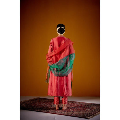 Vashisht Guru Dutt Rust Woven Chanderi Panelled Kurta with Dupatta and Pant (Set of 3)