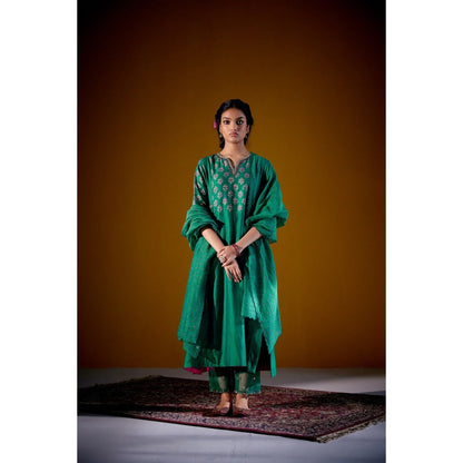 Vashisht Guru Dutt Green Woven Chanderi Kurta with Dupatta and Pant (Set of 3)