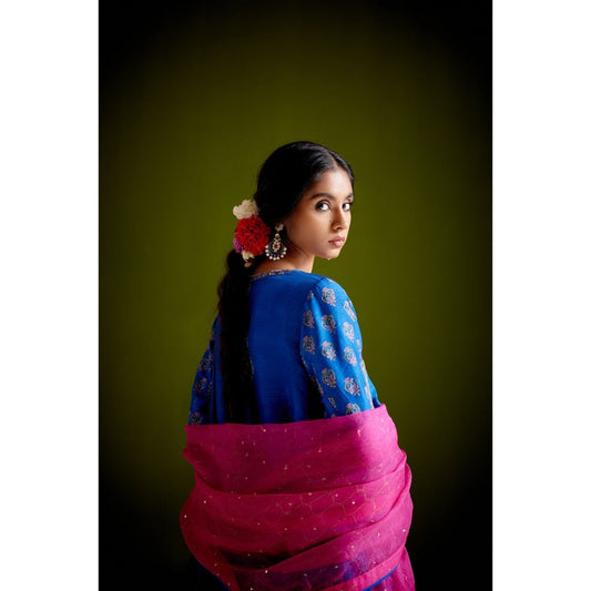 Vashisht Guru Dutt Blue Block Printed Embroidered Kurta with Pant and Dupatta (Set of 3)