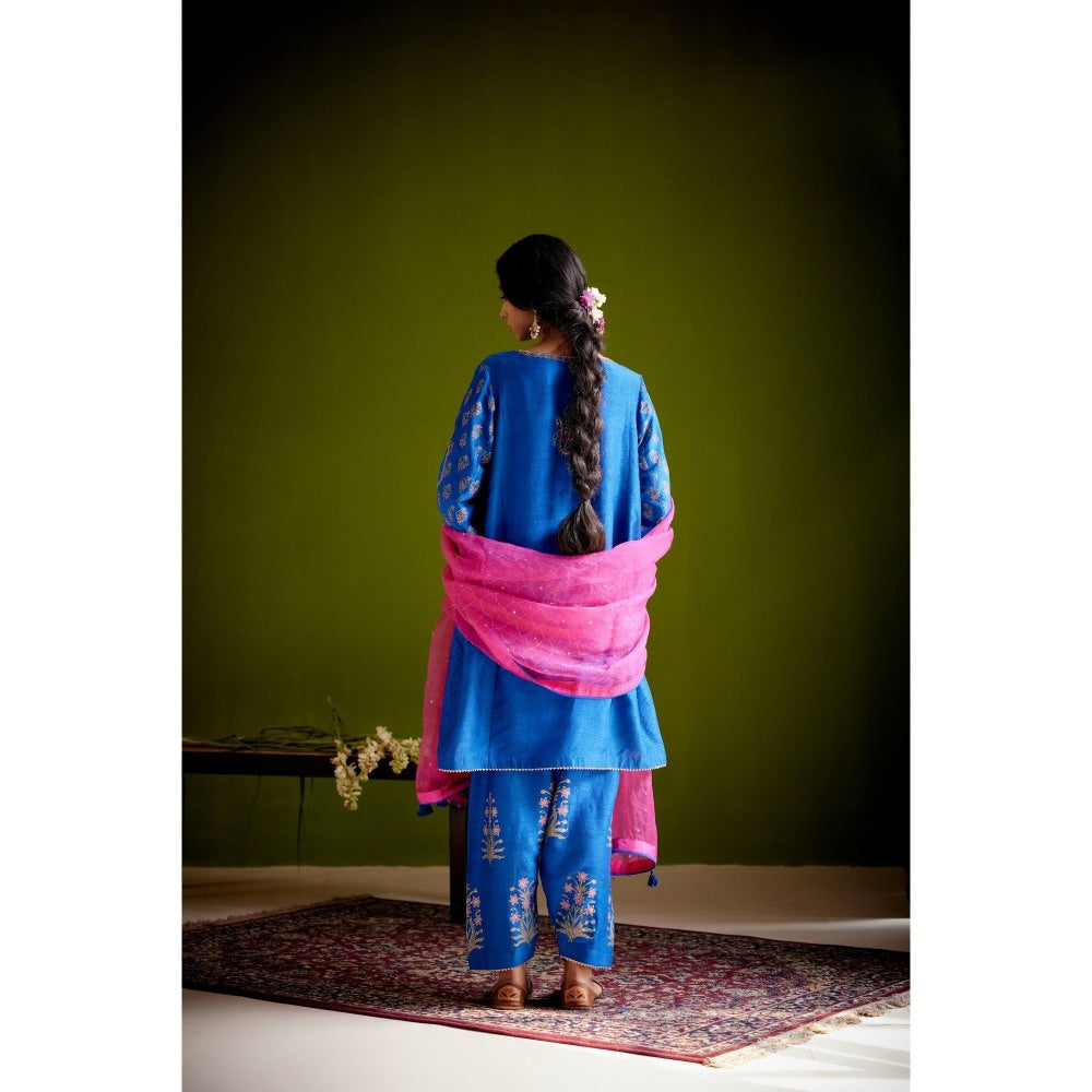 Vashisht Guru Dutt Blue Block Printed Embroidered Kurta with Pant and Dupatta (Set of 3)