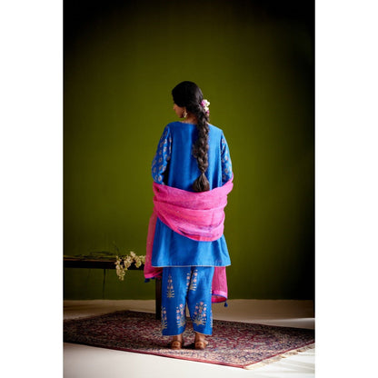 Vashisht Guru Dutt Blue Block Printed Embroidered Kurta with Pant and Dupatta (Set of 3)