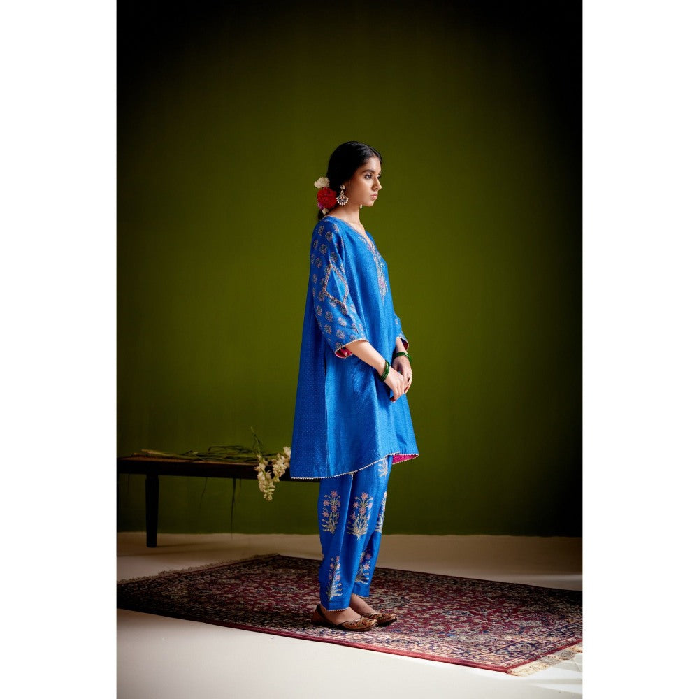 Vashisht Guru Dutt Blue Block Printed Embroidered Kurta with Pant and Dupatta (Set of 3)