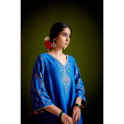 Vashisht Guru Dutt Blue Block Printed Embroidered Kurta with Pant and Dupatta (Set of 3)