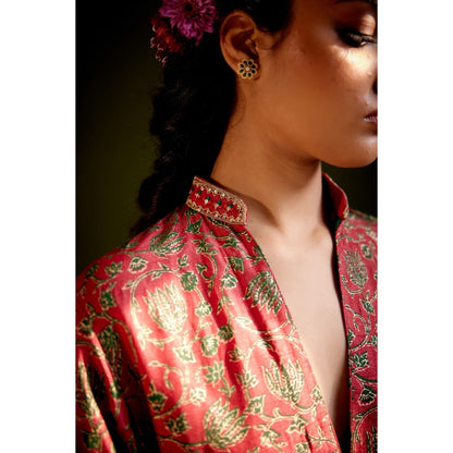 Vashisht Guru Dutt Red Silk Printed Short Kurta with Printed Salwar (Set of 2)