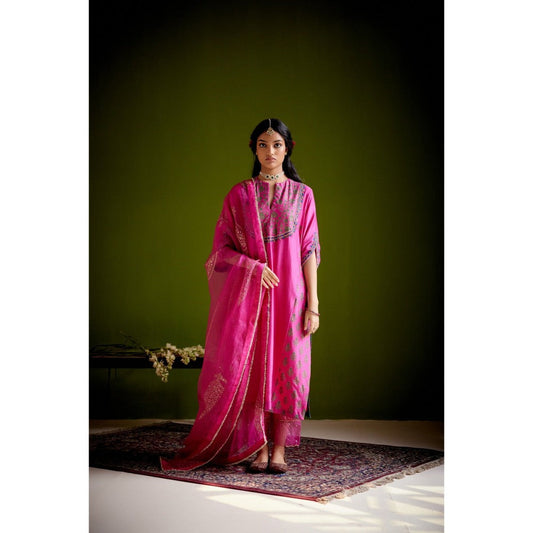 Vashisht Guru Dutt Pink Block Printed Embroidered Kurta with Pant and Dupatta (Set of 3)