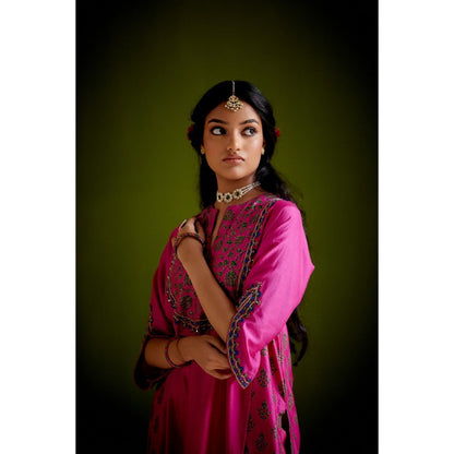 Vashisht Guru Dutt Pink Block Printed Embroidered Kurta with Pant and Dupatta (Set of 3)