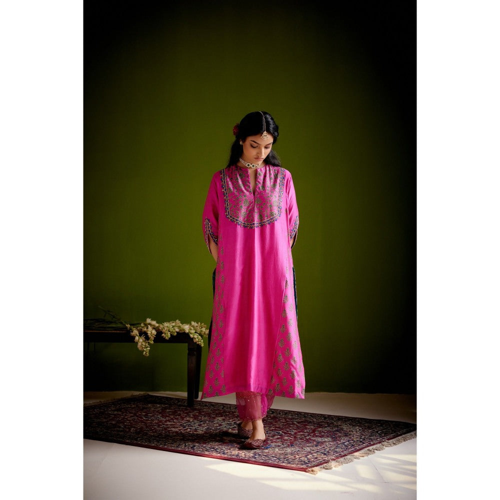 Vashisht Guru Dutt Pink Block Printed Embroidered Kurta with Pant and Dupatta (Set of 3)