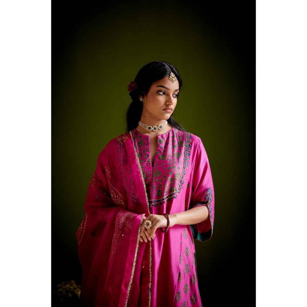 Vashisht Guru Dutt Pink Block Printed Embroidered Kurta with Pant and Dupatta (Set of 3)