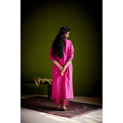 Vashisht Guru Dutt Pink Block Printed Embroidered Kurta with Pant and Dupatta (Set of 3)