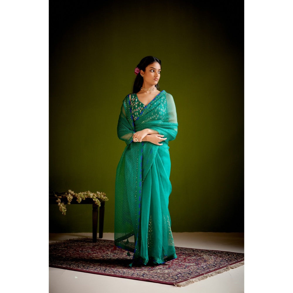 Vashisht Guru Dutt Green Silk Organza Block Printed Embroidered Saree with Stitched Blouse