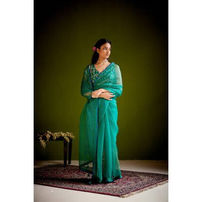 Vashisht Guru Dutt Green Silk Organza Block Printed Embroidered Saree with Stitched Blouse
