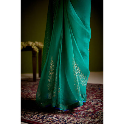 Vashisht Guru Dutt Green Silk Organza Block Printed Embroidered Saree with Stitched Blouse