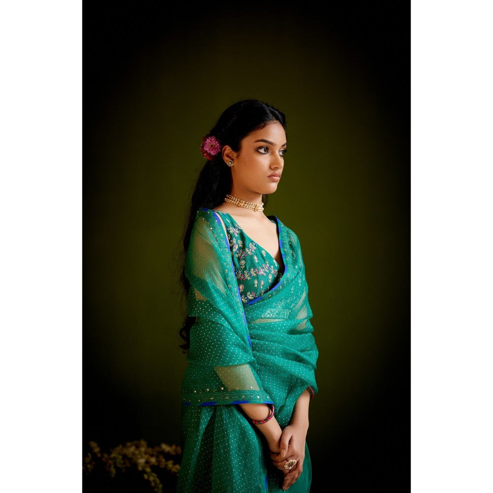 Vashisht Guru Dutt Green Silk Organza Block Printed Embroidered Saree with Stitched Blouse