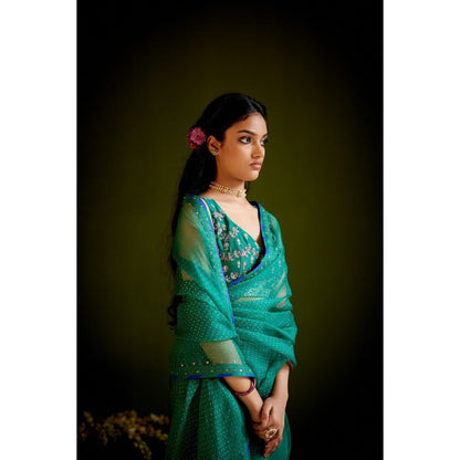 Vashisht Guru Dutt Green Silk Organza Block Printed Embroidered Saree with Stitched Blouse