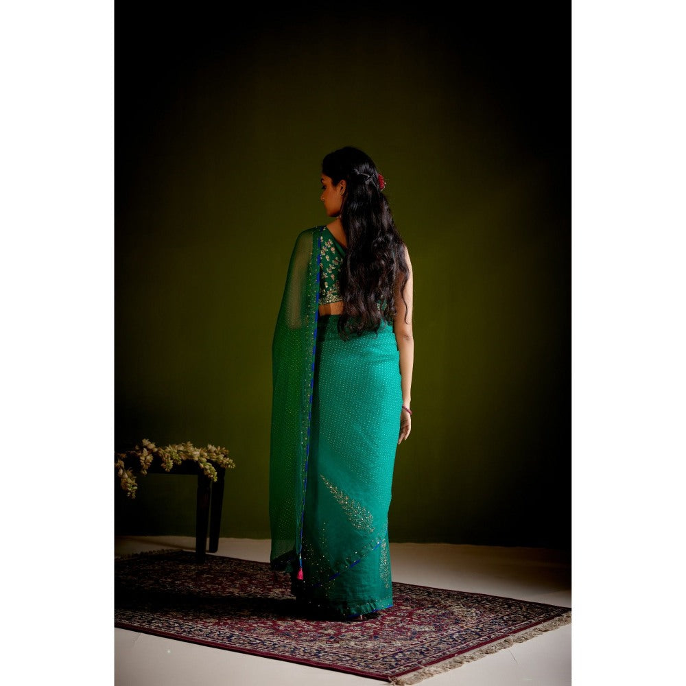 Vashisht Guru Dutt Green Silk Organza Block Printed Embroidered Saree with Stitched Blouse