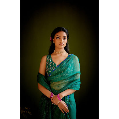 Vashisht Guru Dutt Green Silk Organza Block Printed Embroidered Saree with Stitched Blouse