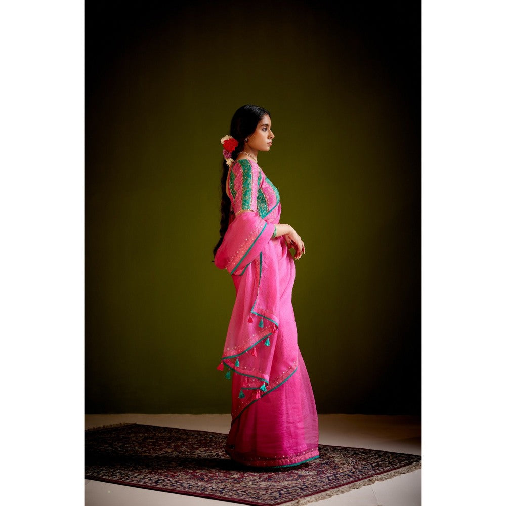 Vashisht Guru Dutt Pink Tassels Embroidered Saree with Stitched Blouse
