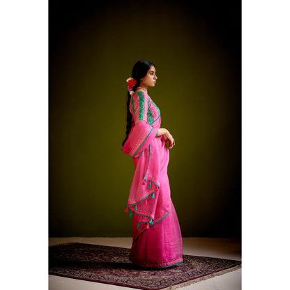 Vashisht Guru Dutt Pink Tassels Embroidered Saree with Stitched Blouse