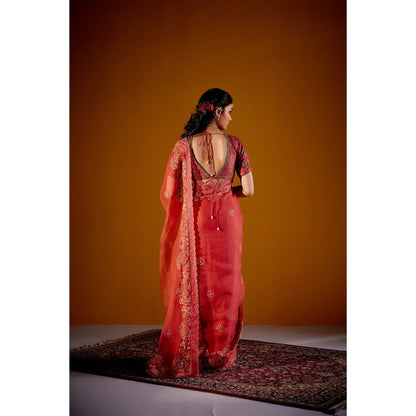 Vashisht Guru Dutt Rust Printed Embroidered Saree with Stitched Blouse