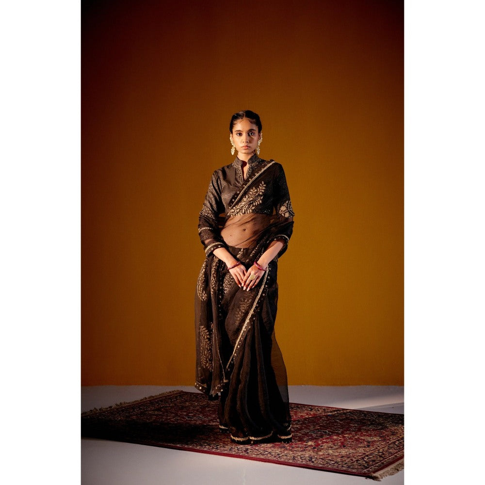 Vashisht Guru Dutt Black Organza Printed Embroidered Saree with Stitched Blouse