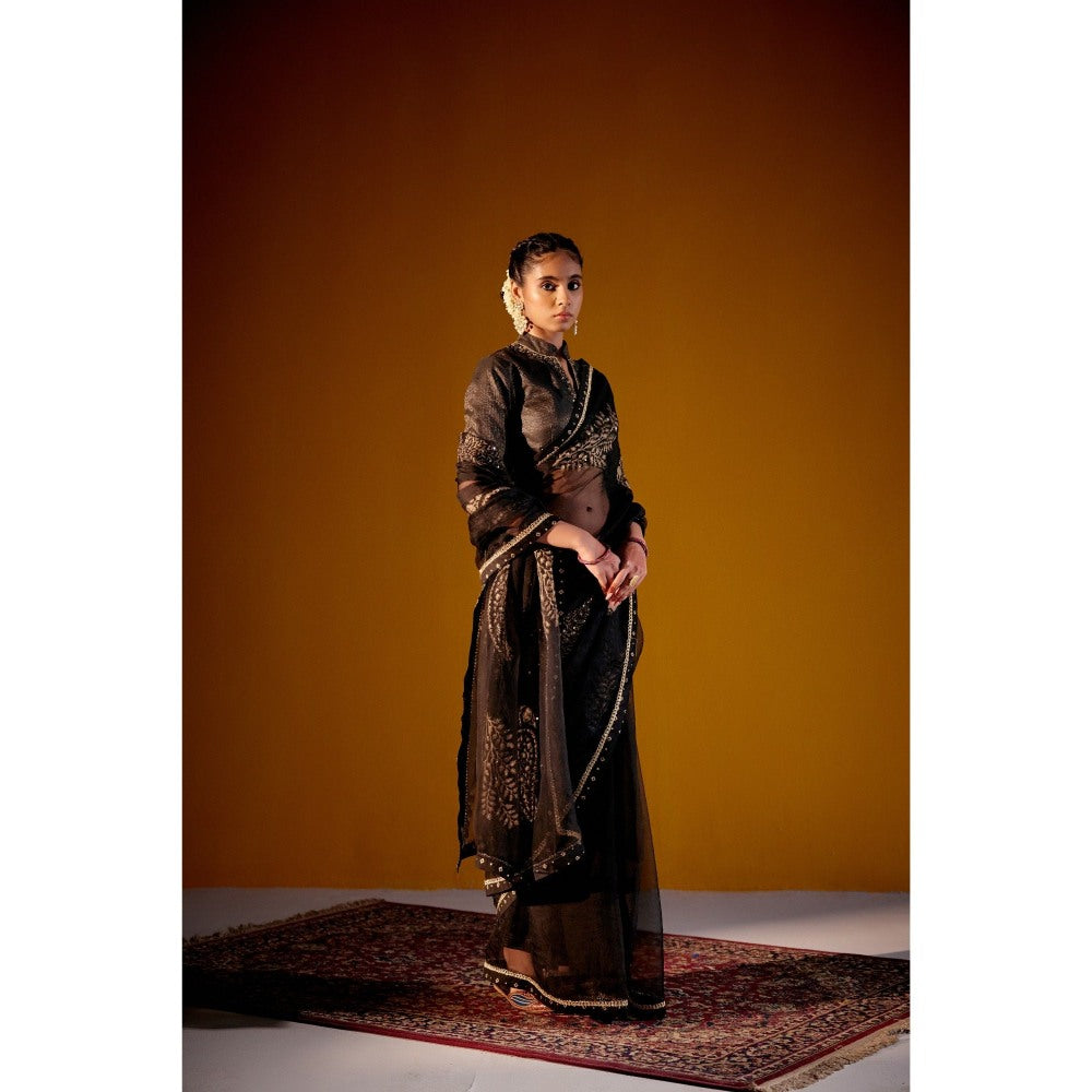 Vashisht Guru Dutt Black Organza Printed Embroidered Saree with Stitched Blouse
