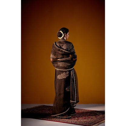 Vashisht Guru Dutt Black Organza Printed Embroidered Saree with Stitched Blouse