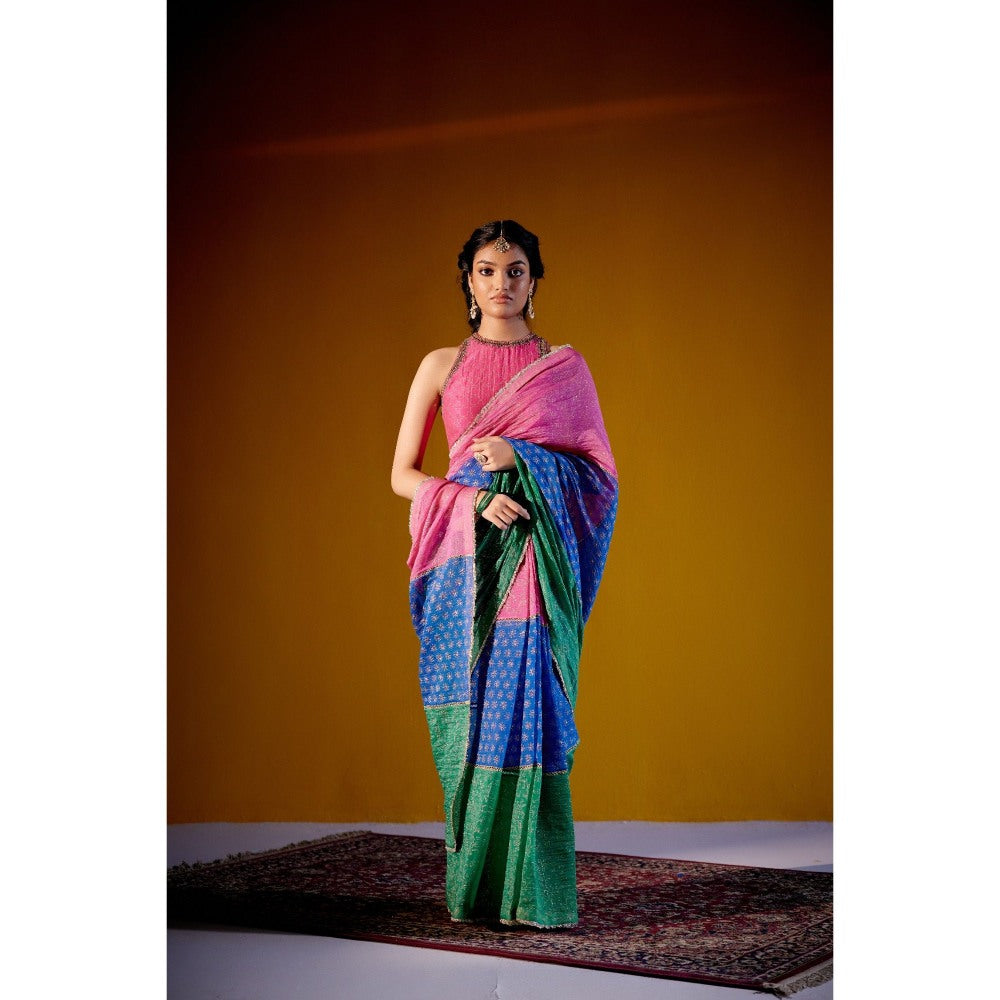 Vashisht Guru Dutt Multicolour Block Printed Saree with Stitched Blouse