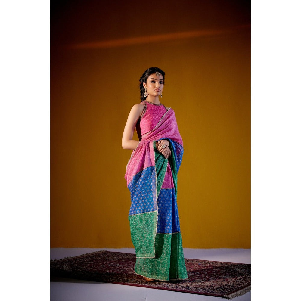 Vashisht Guru Dutt Multicolour Block Printed Saree with Stitched Blouse