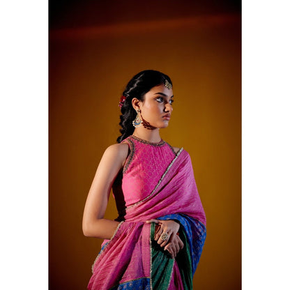 Vashisht Guru Dutt Multicolour Block Printed Saree with Stitched Blouse