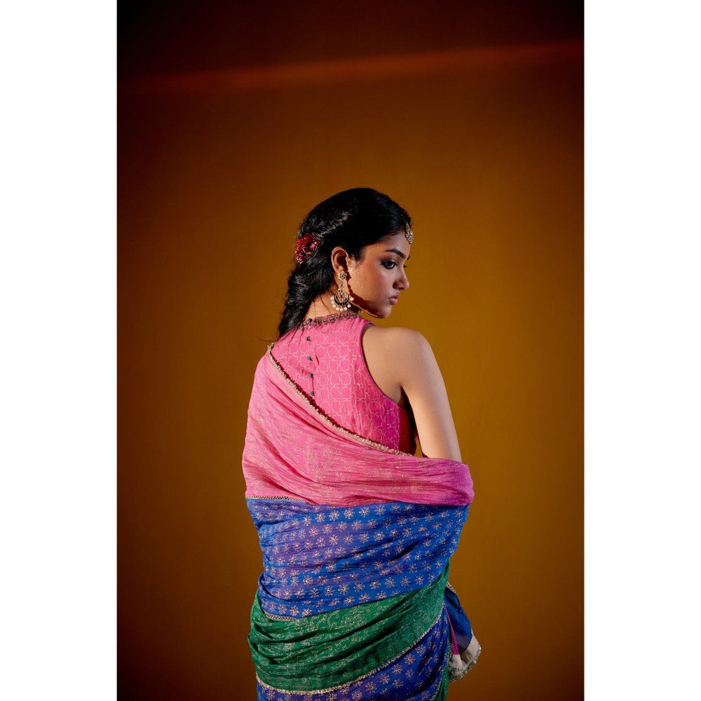 Vashisht Guru Dutt Multicolour Block Printed Saree with Stitched Blouse