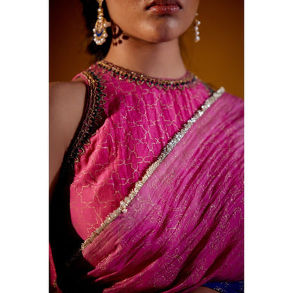 Vashisht Guru Dutt Multicolour Block Printed Saree with Stitched Blouse