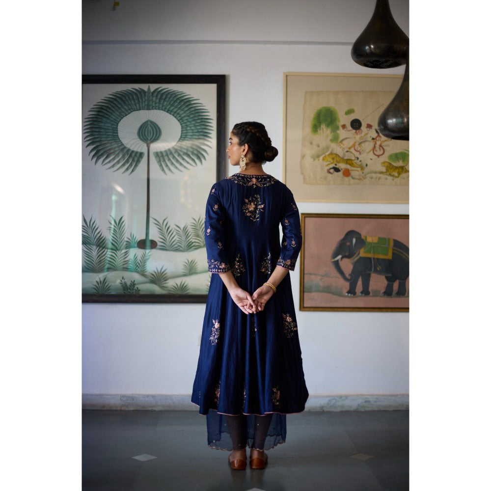 Vashisht Guru Dutt Navy Blue Nishi Angarkha with Palazzo and Dupatta (Set of 3)
