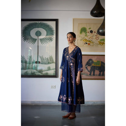Vashisht Guru Dutt Navy Blue Nishi Angarkha with Palazzo and Dupatta (Set of 3)