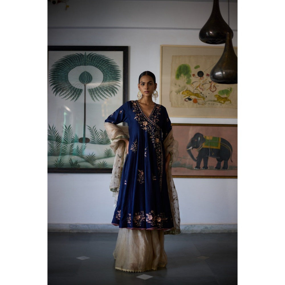 Vashisht Guru Dutt Navy Blue Nilambar Angarkha with Sharara and Dupatta (Set of 3)