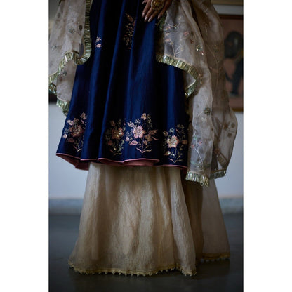 Vashisht Guru Dutt Navy Blue Nilambar Angarkha with Sharara and Dupatta (Set of 3)
